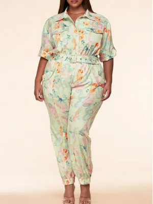 PLUS SIZE SHORT SLEEVE BUTTON UP FLORAL BELTED JUMPSUIT