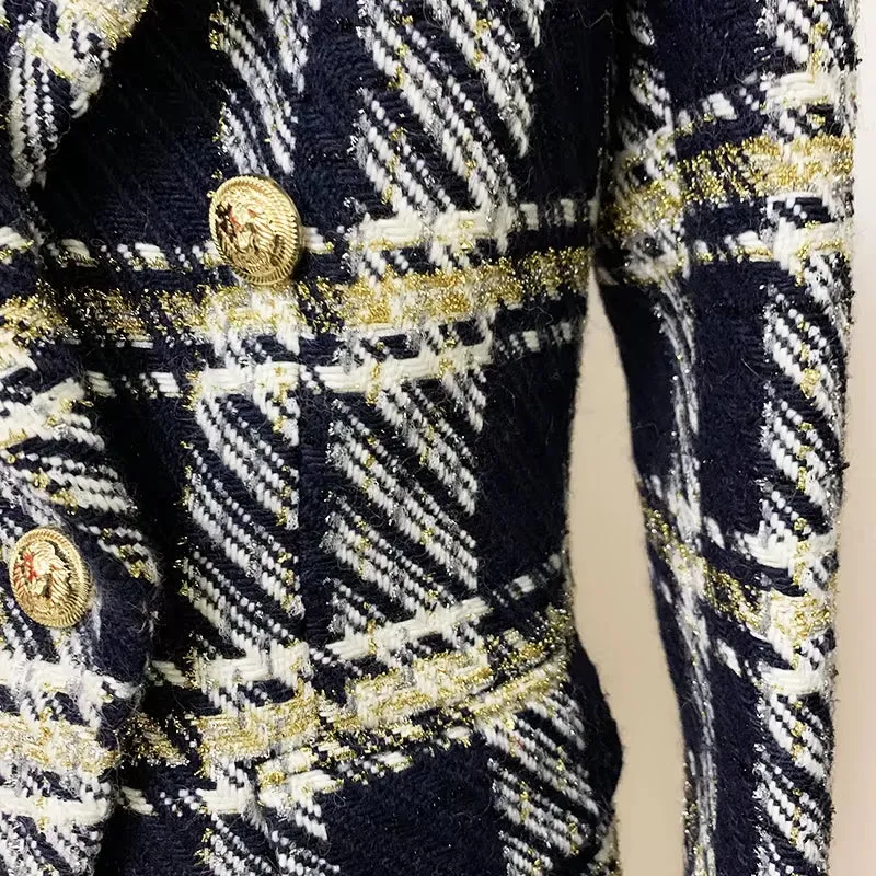 Premium Designed Women Fashion Blazer Jacket Double Breasted Plaid Wool Tweed Blazer