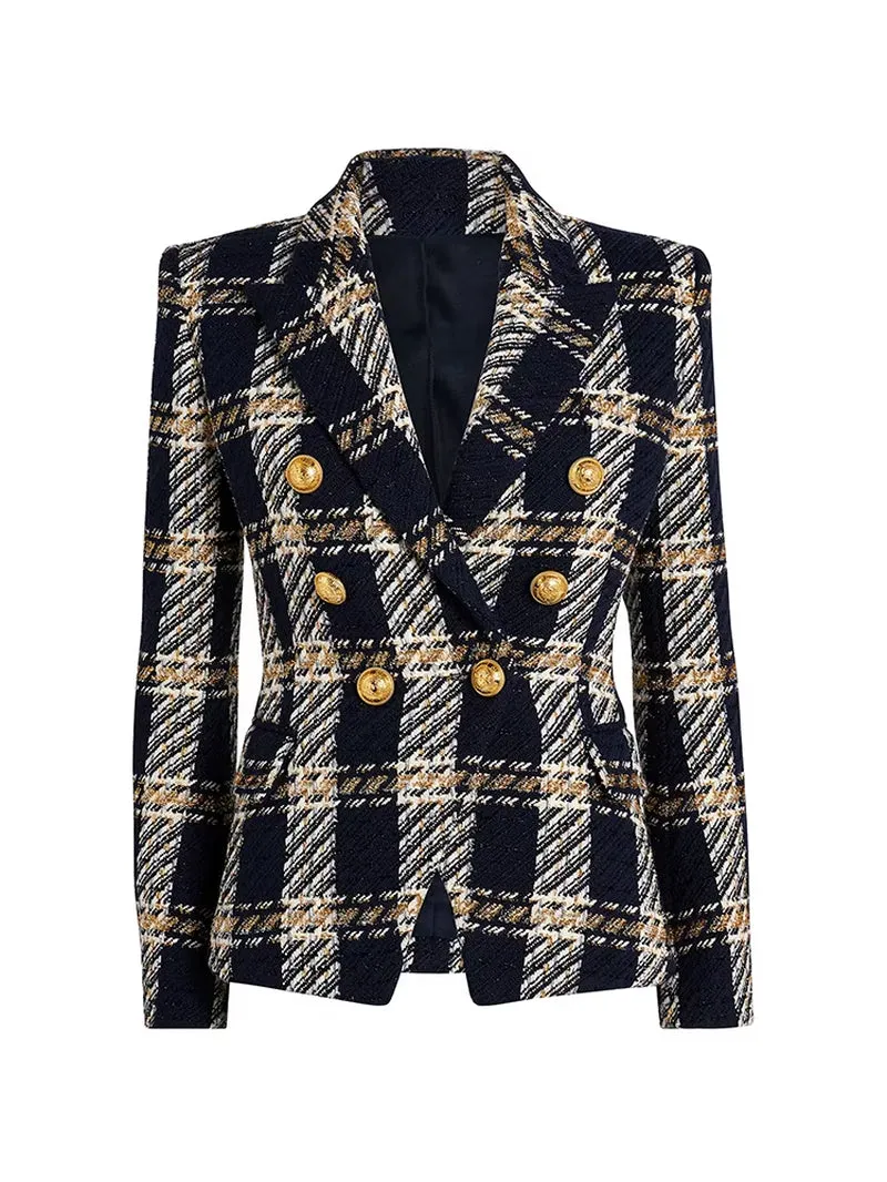 Premium Designed Women Fashion Blazer Jacket Double Breasted Plaid Wool Tweed Blazer
