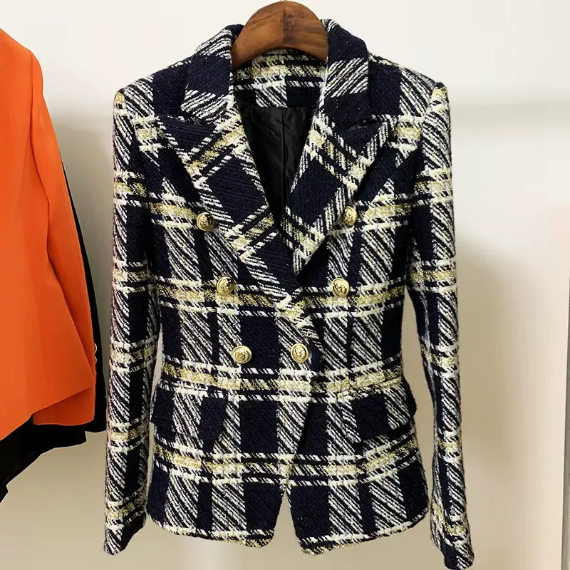 Premium Designed Women Fashion Blazer Jacket Double Breasted Plaid Wool Tweed Blazer