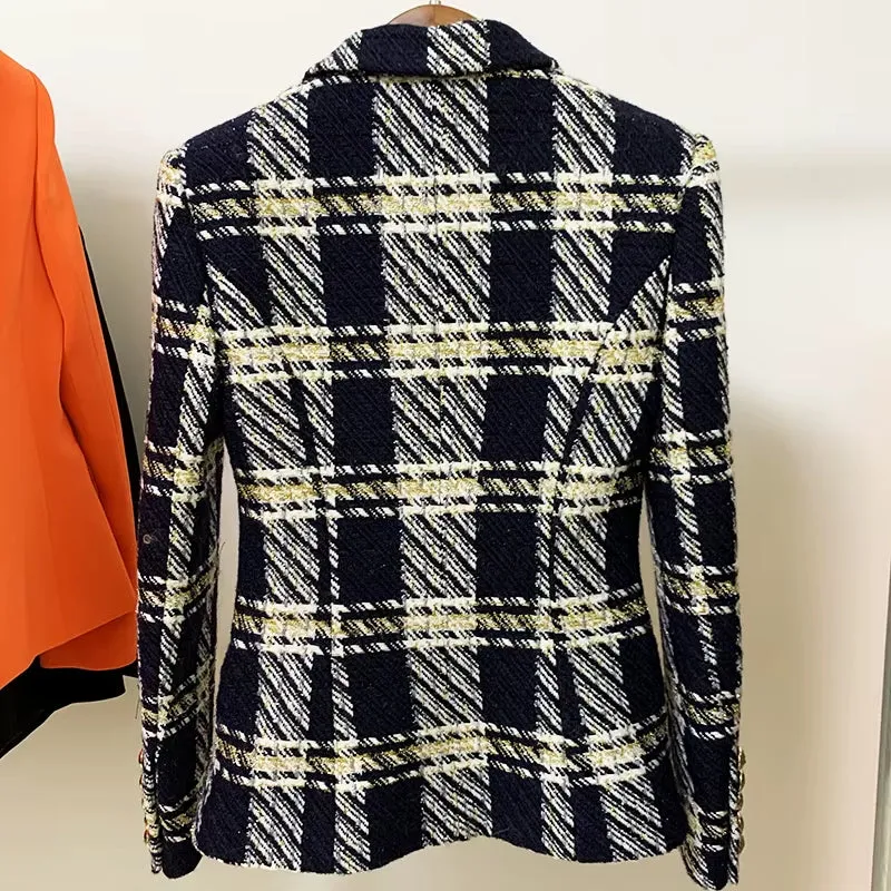 Premium Designed Women Fashion Blazer Jacket Double Breasted Plaid Wool Tweed Blazer