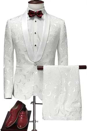 Pricey White Jacquard Suits for Wedding Tuxedos Groom Wear Shawl Lapel Groomsmen Outfit Man Blazers 3Piece