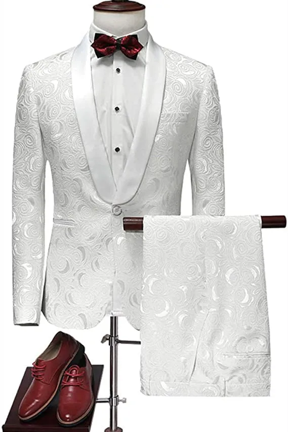 Pricey White Jacquard Suits for Wedding Tuxedos Groom Wear Shawl Lapel Groomsmen Outfit Man Blazers 3Piece