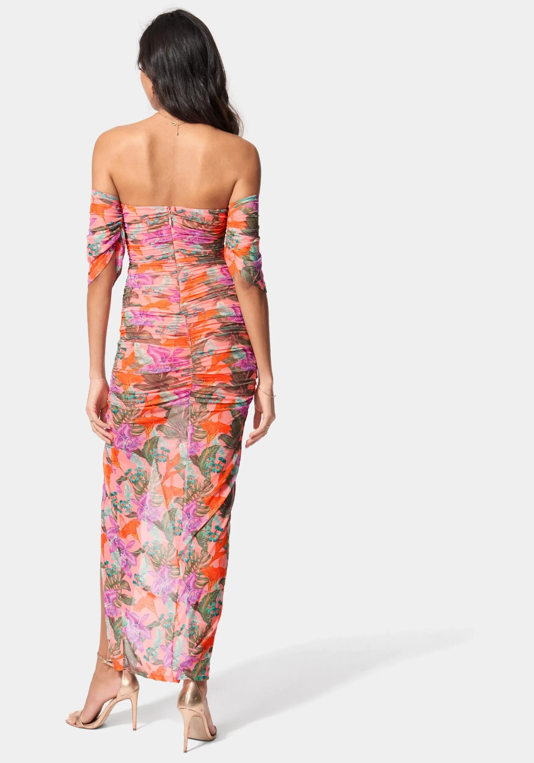Printed Off Shoulder Mesh Gown
