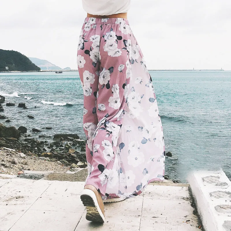 Printed Sexy High-waisted Split Chiffon Wide-leg Pants