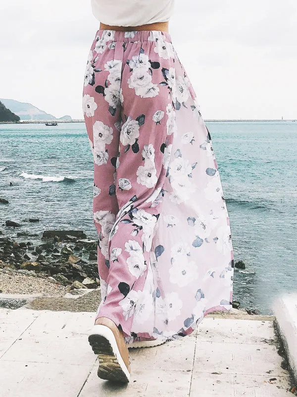 Printed Sexy High-waisted Split Chiffon Wide-leg Pants