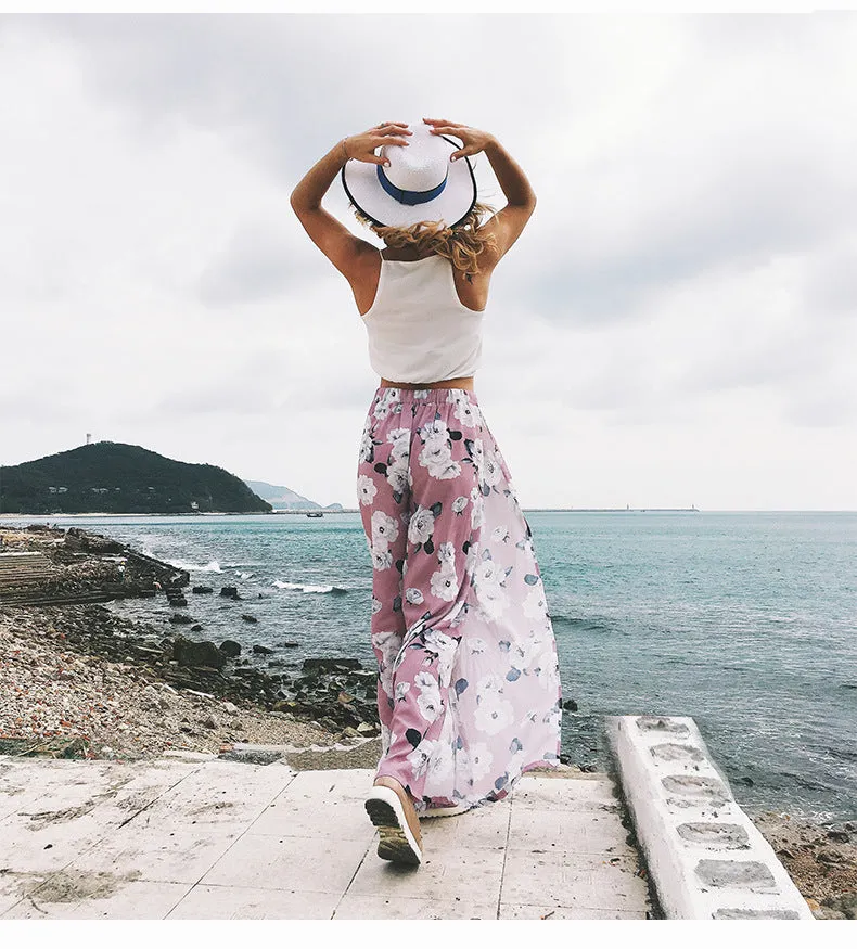 Printed Sexy High-waisted Split Chiffon Wide-leg Pants