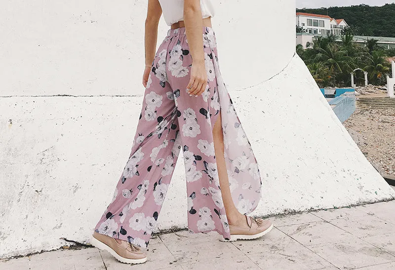 Printed Sexy High-waisted Split Chiffon Wide-leg Pants