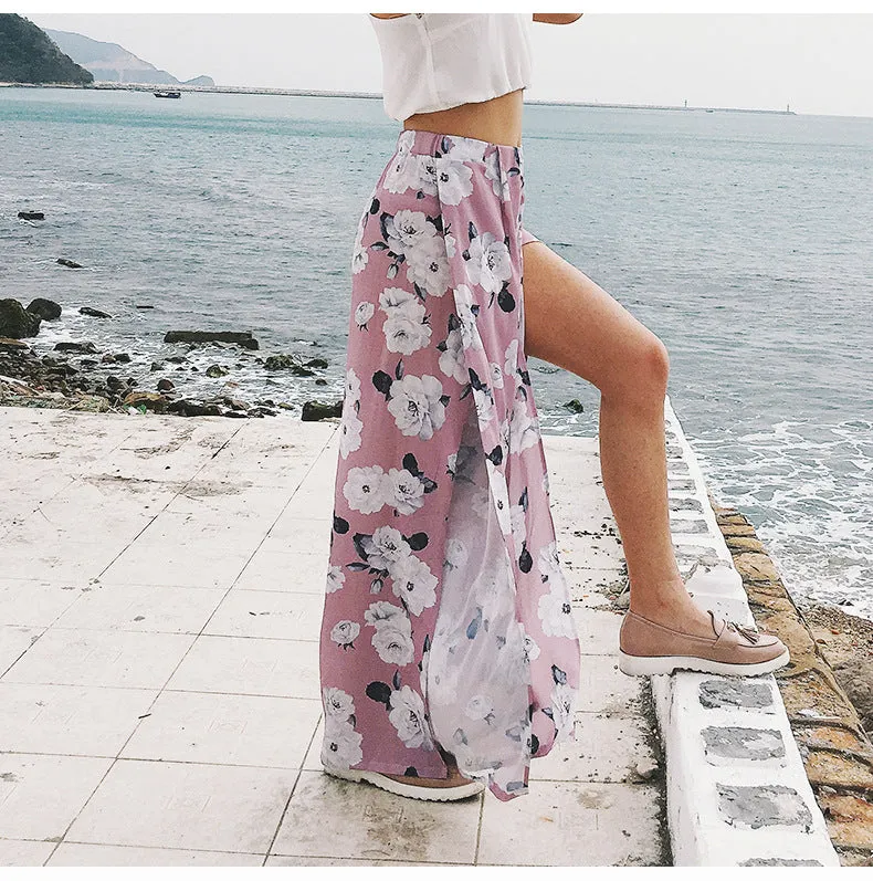 Printed Sexy High-waisted Split Chiffon Wide-leg Pants