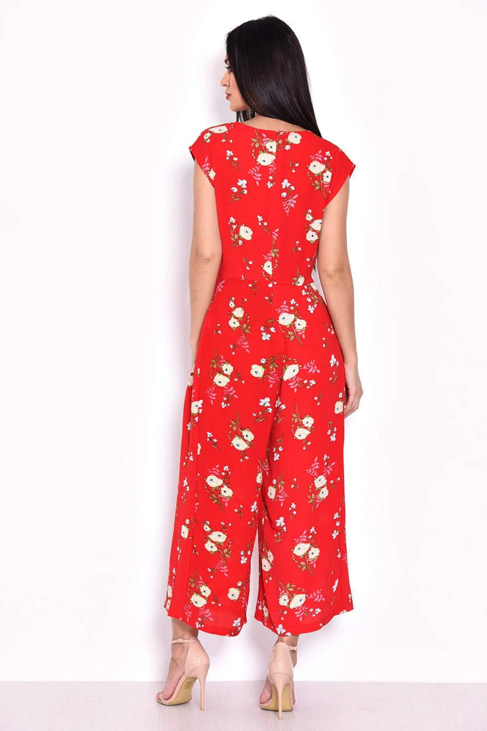 Red Floral Short Sleeved Jumpsuit