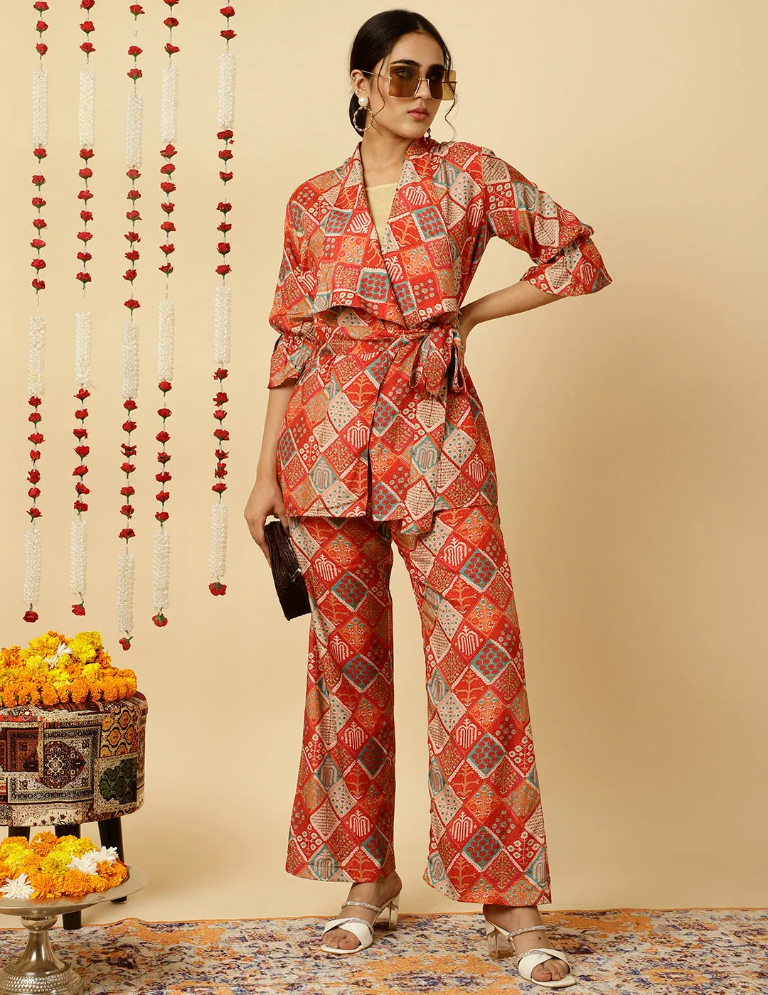 Red Multicolor Print Wrap Top With Palazzo Co-Ord Set