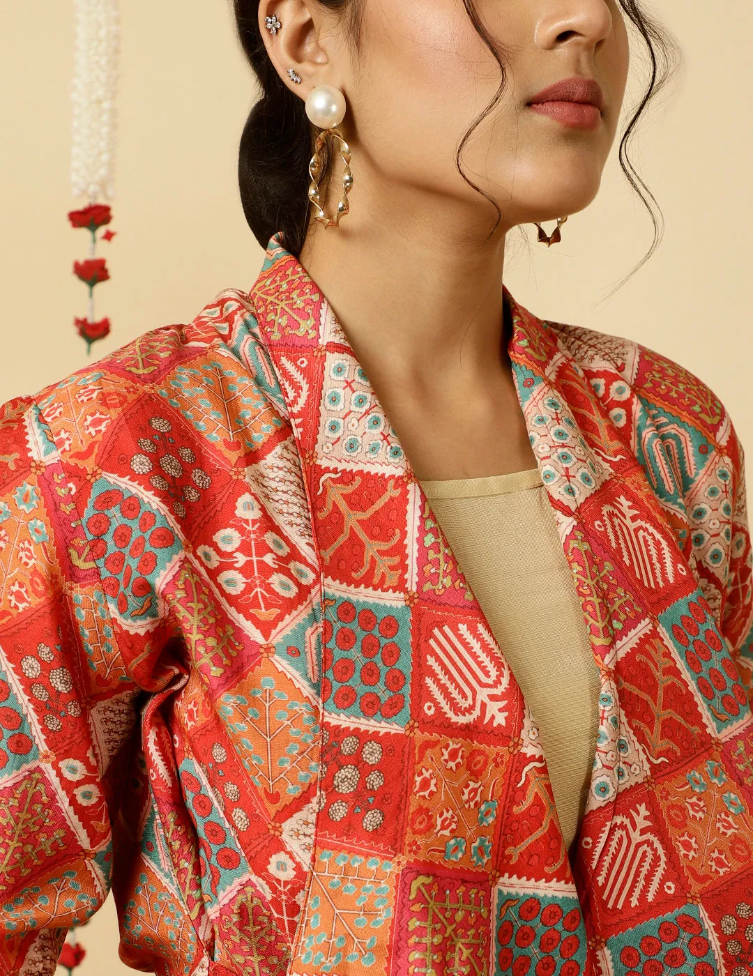Red Multicolor Print Wrap Top With Palazzo Co-Ord Set