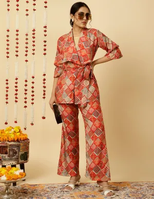 Red Multicolor Print Wrap Top With Palazzo Co-Ord Set