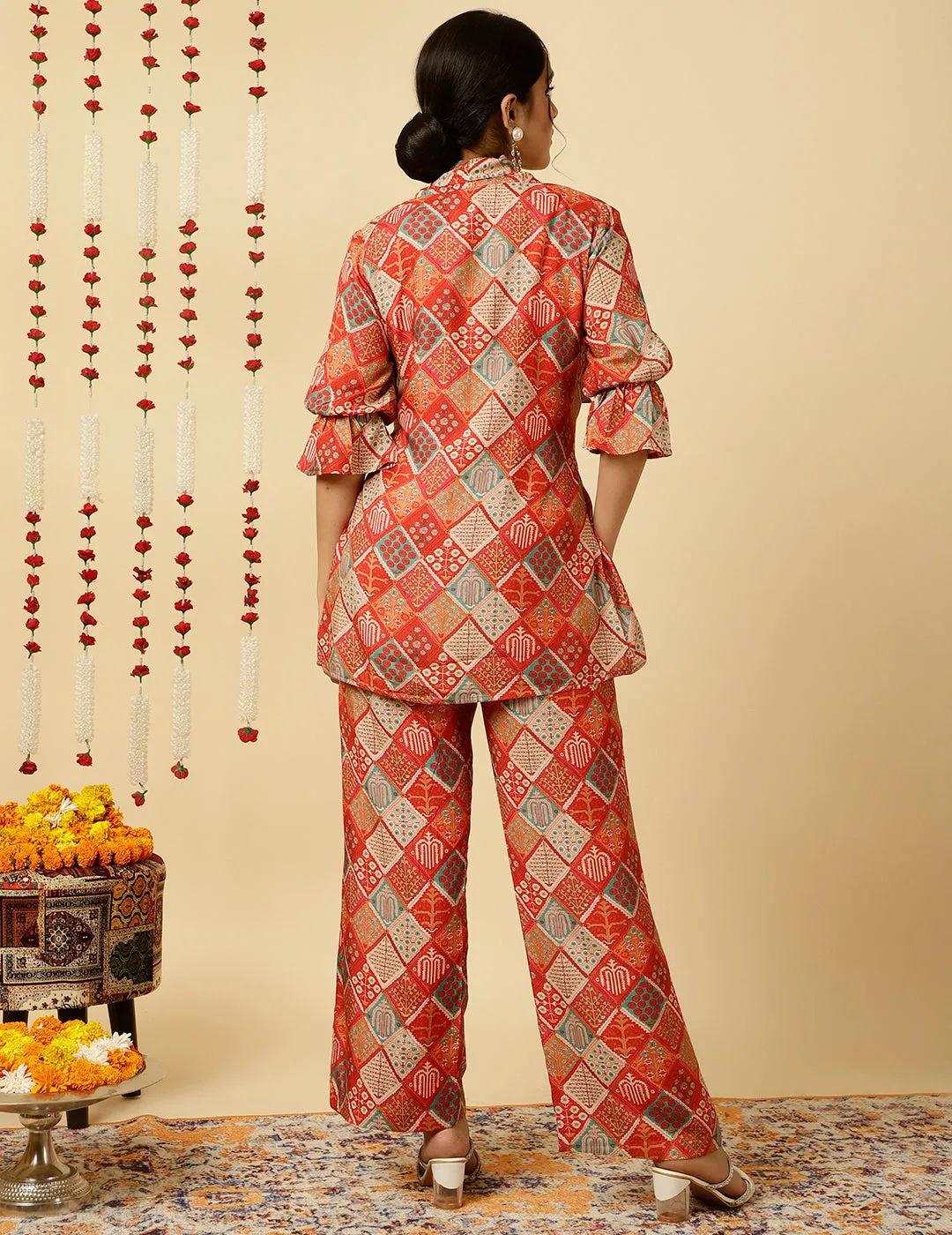 Red Multicolor Print Wrap Top With Palazzo Co-Ord Set