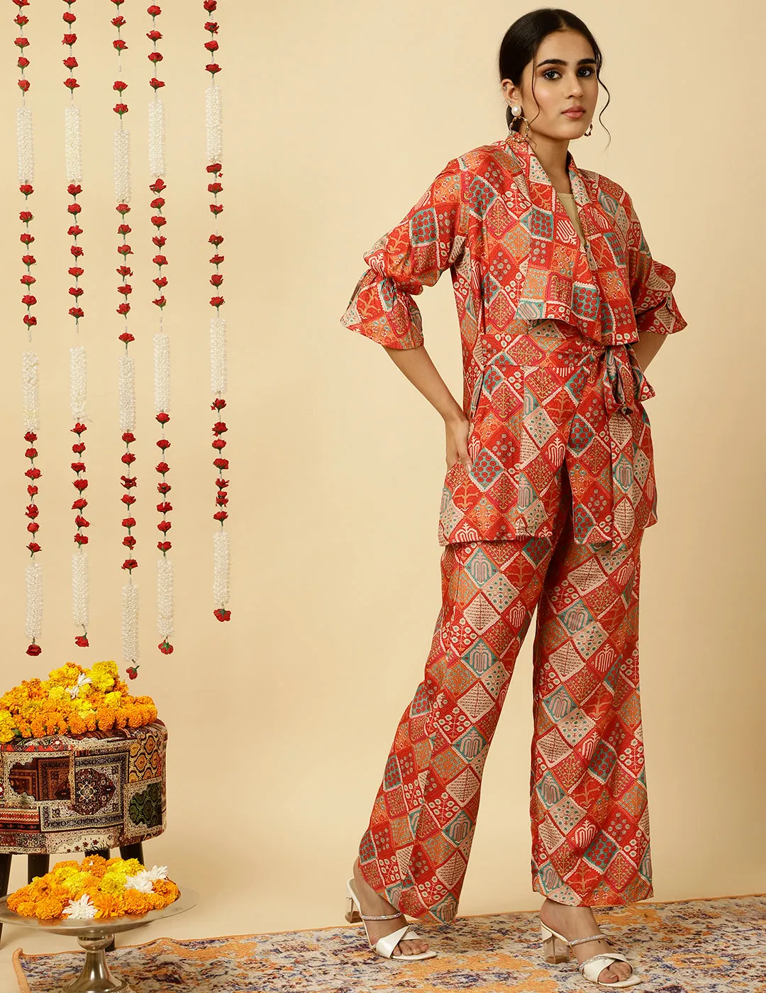 Red Multicolor Print Wrap Top With Palazzo Co-Ord Set