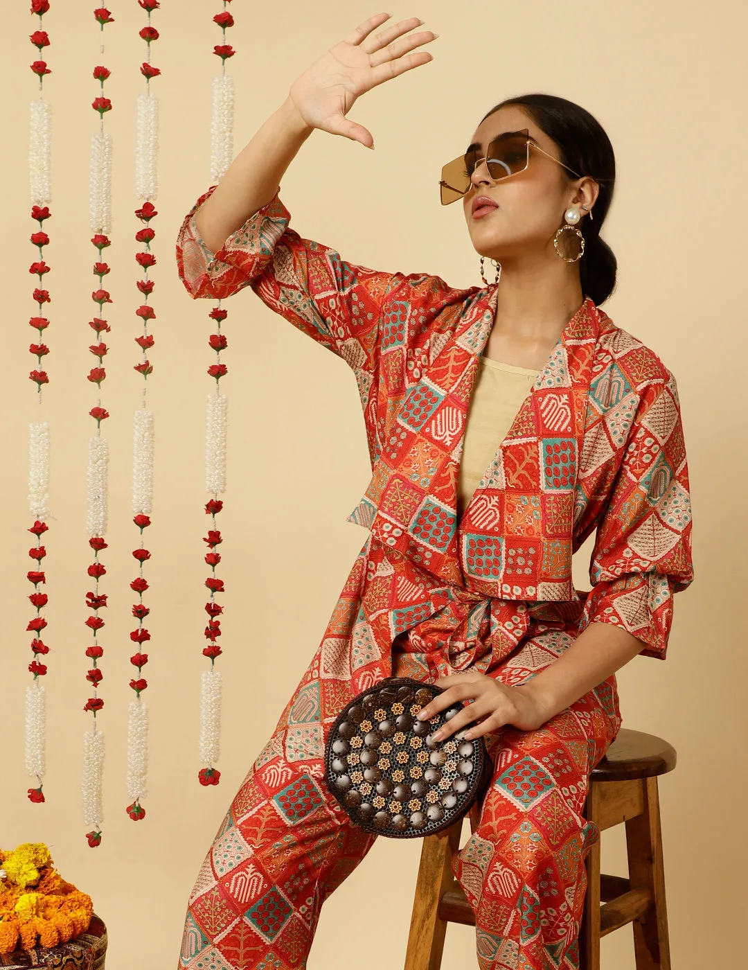 Red Multicolor Print Wrap Top With Palazzo Co-Ord Set