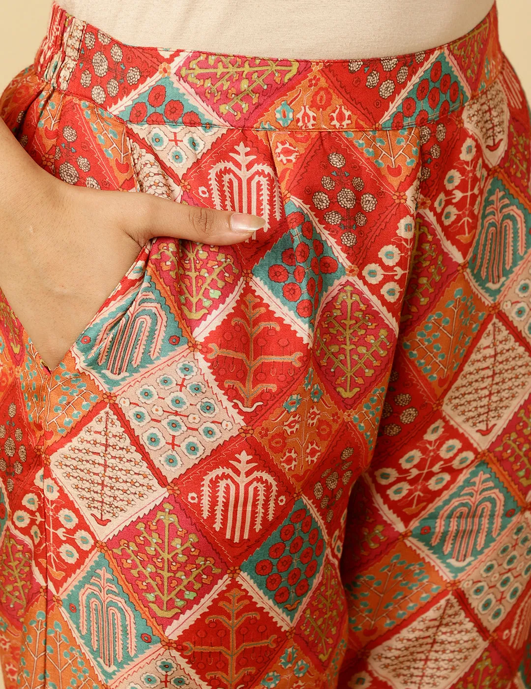 Red Multicolor Print Wrap Top With Palazzo Co-Ord Set