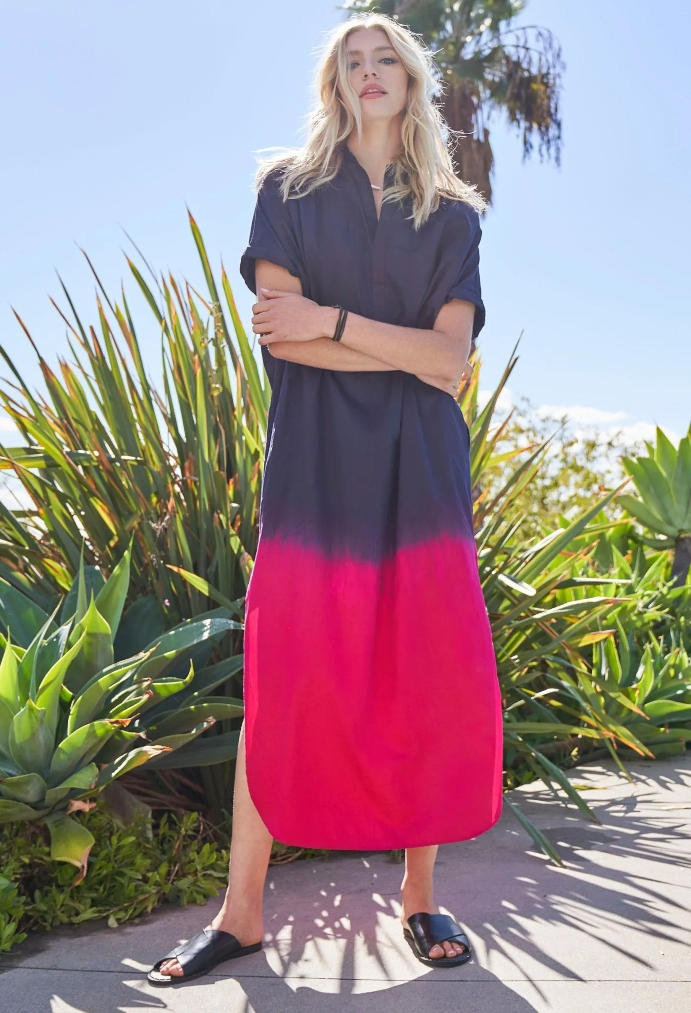 re:hOMe - Navy Fuchsia Dip Dyed Cotton Long Easy Dress