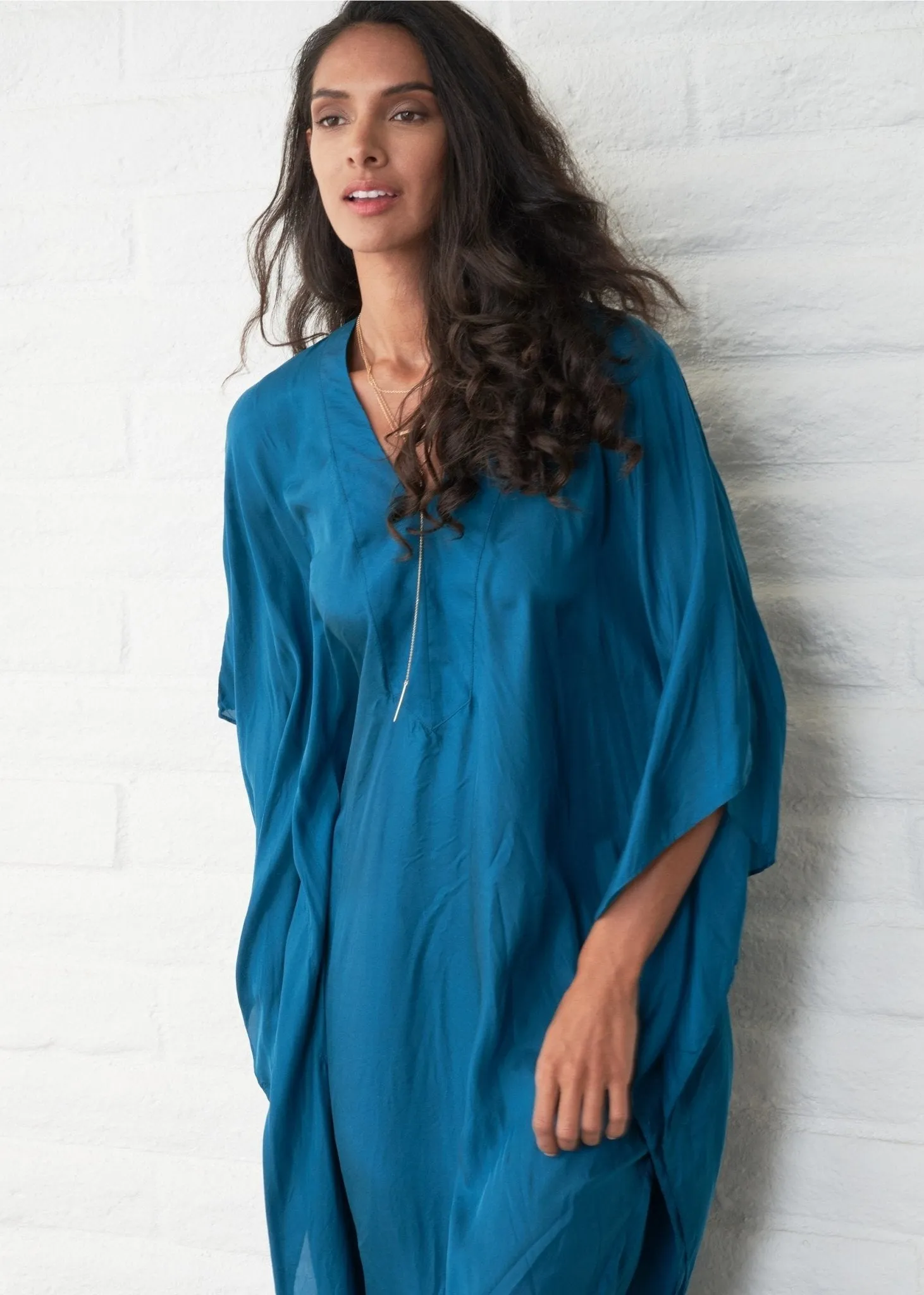 re:hOMe - Teal Silk Placket V-Neck Long Caftan