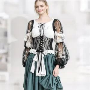 Retro Embroidered Lace Corset Belt with Tie