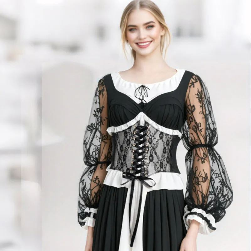 Retro Embroidered Lace Corset Belt with Tie
