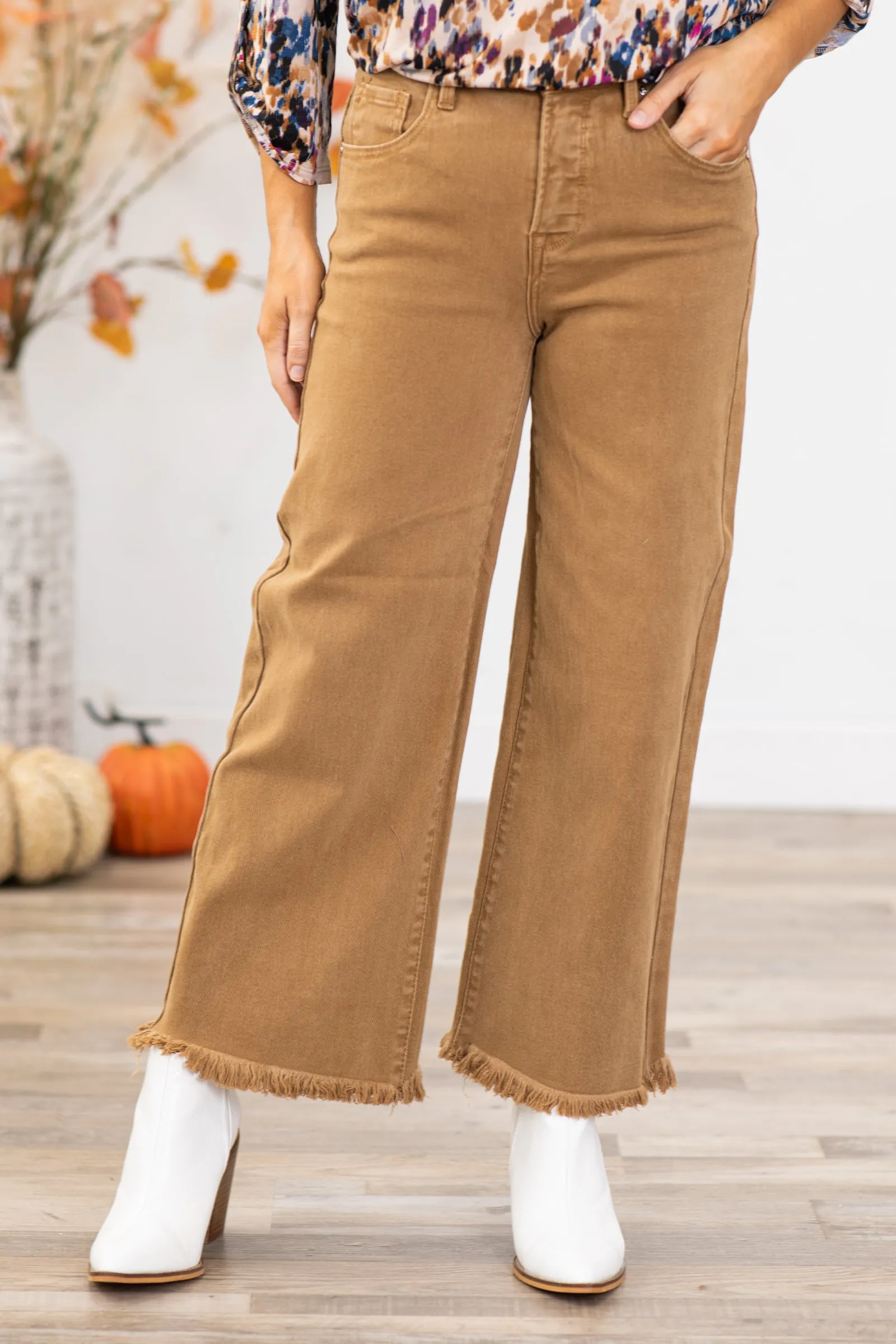 Risen Taupe Wide Leg Tummy Control Jeans