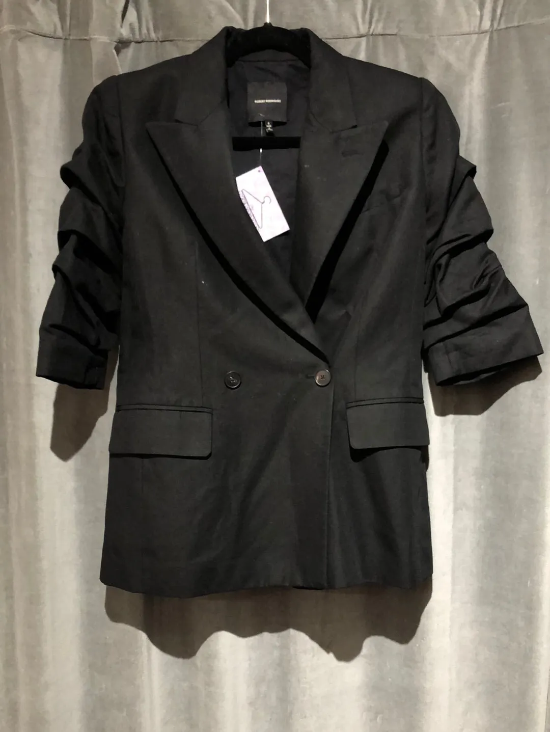 Robert Rodriguez Black Cotton Scrunched Sleeve double breated blazer