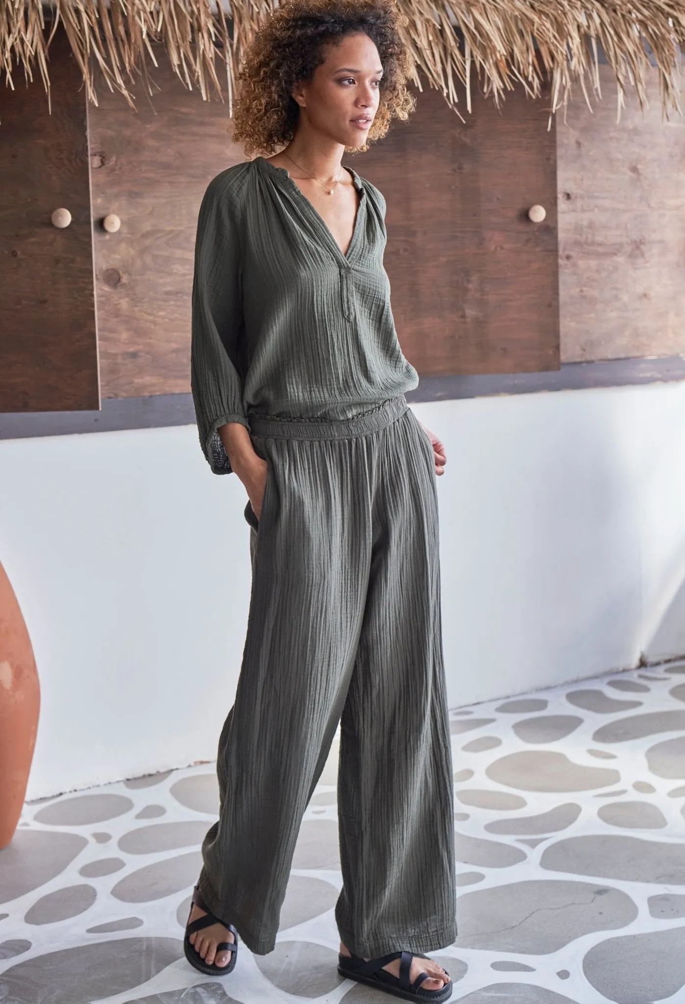Sage Gauze Palazzo Pant without Satin Tie Belt - Sale