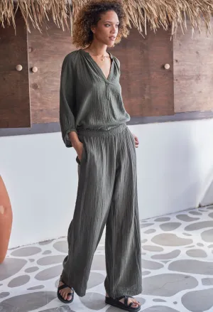 Sage Gauze Palazzo Pant without Satin Tie Belt - Sale