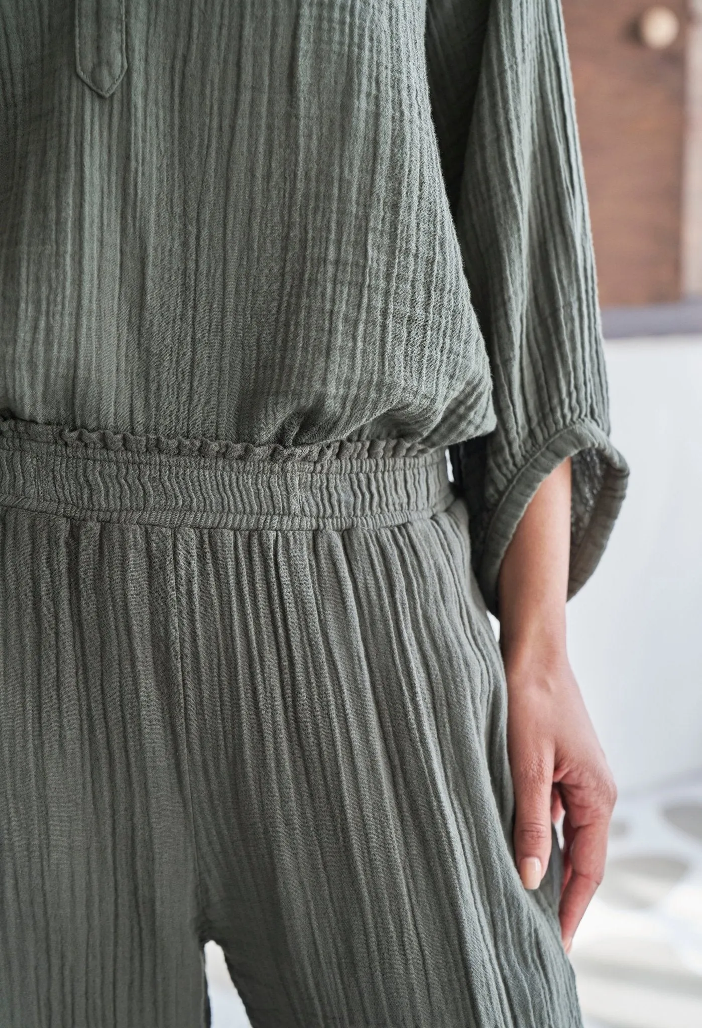 Sage Gauze Palazzo Pant without Satin Tie Belt - Sale