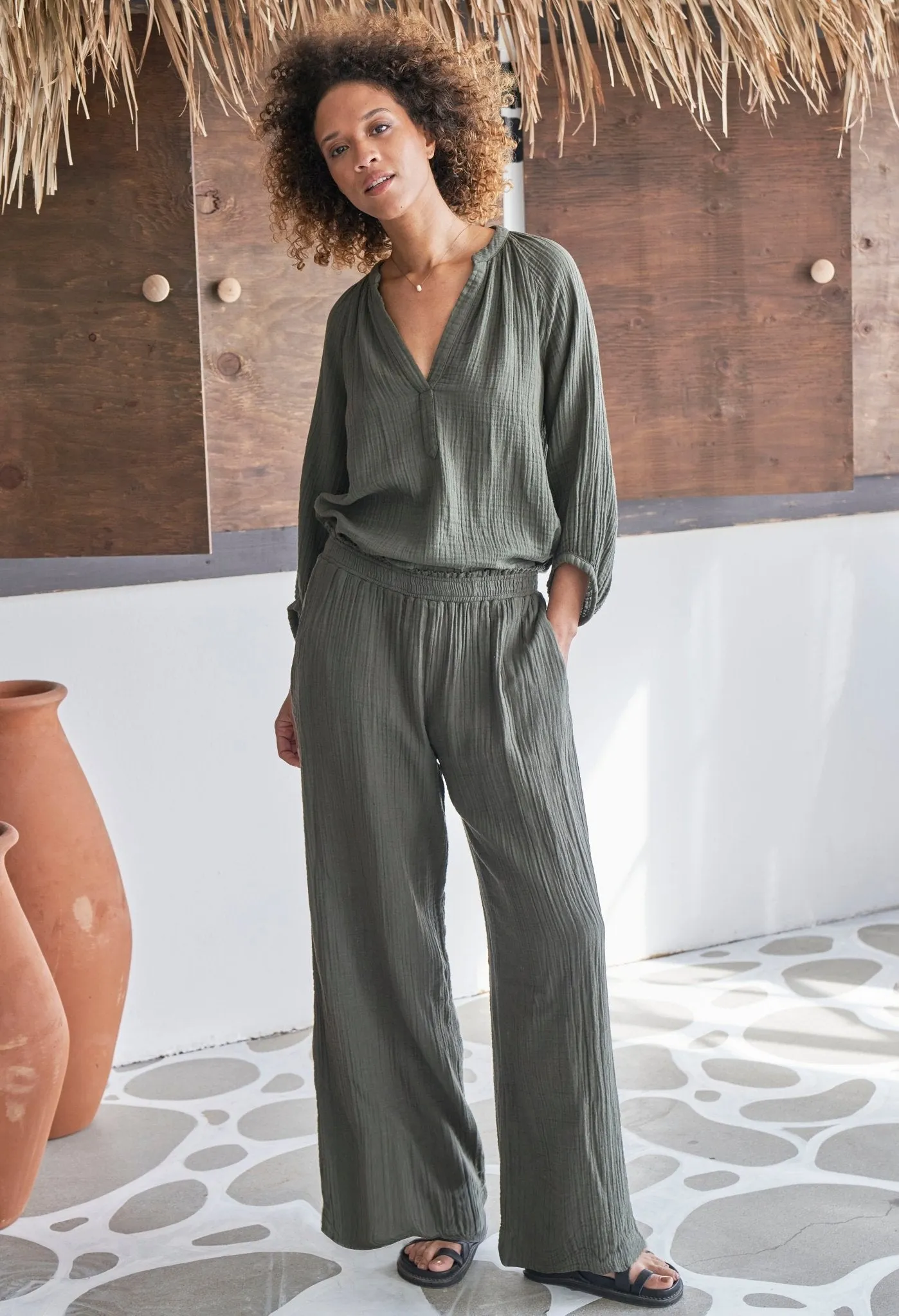 Sage Gauze Palazzo Pant without Satin Tie Belt - Sale