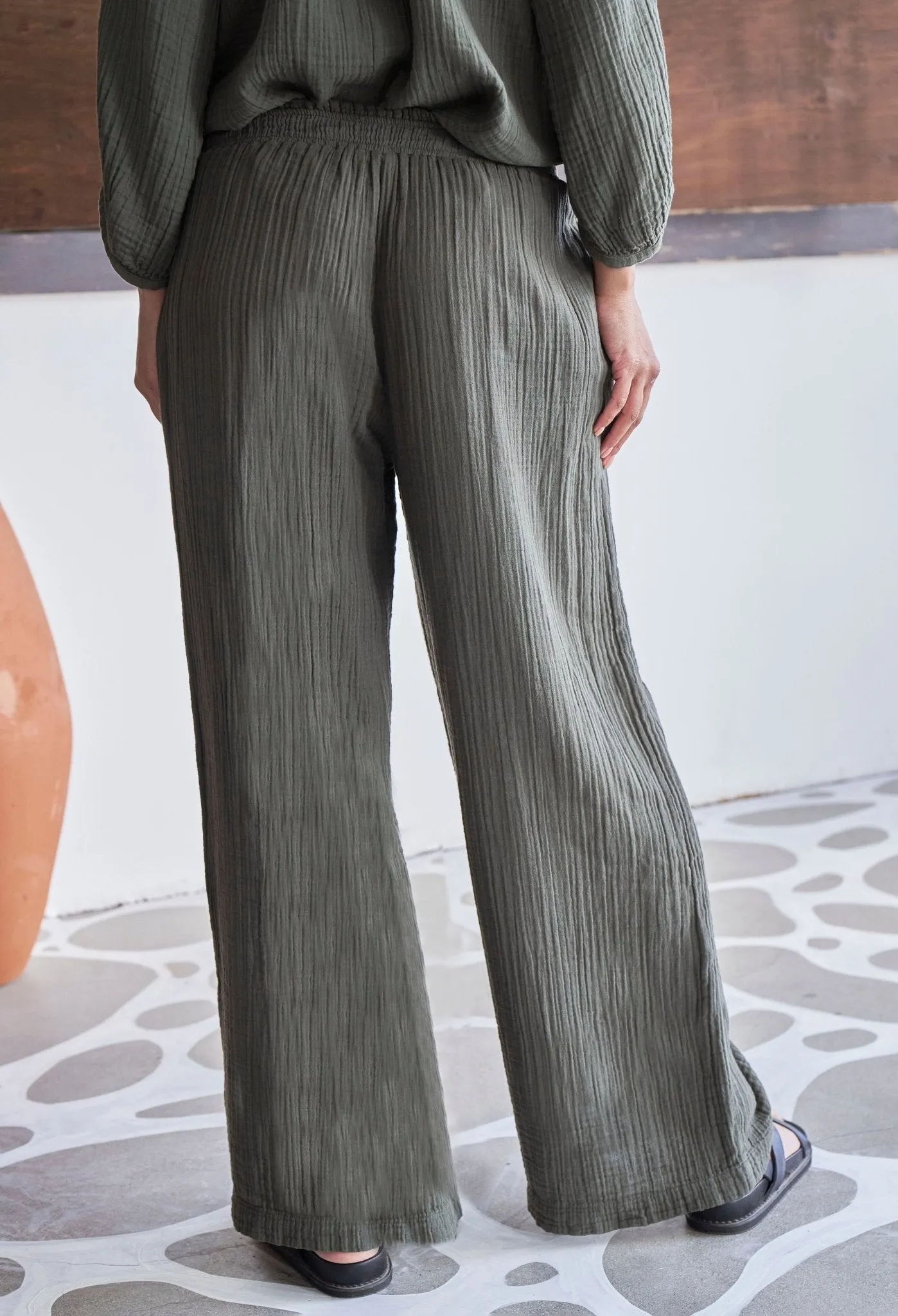 Sage Gauze Palazzo Pant without Satin Tie Belt - Sale