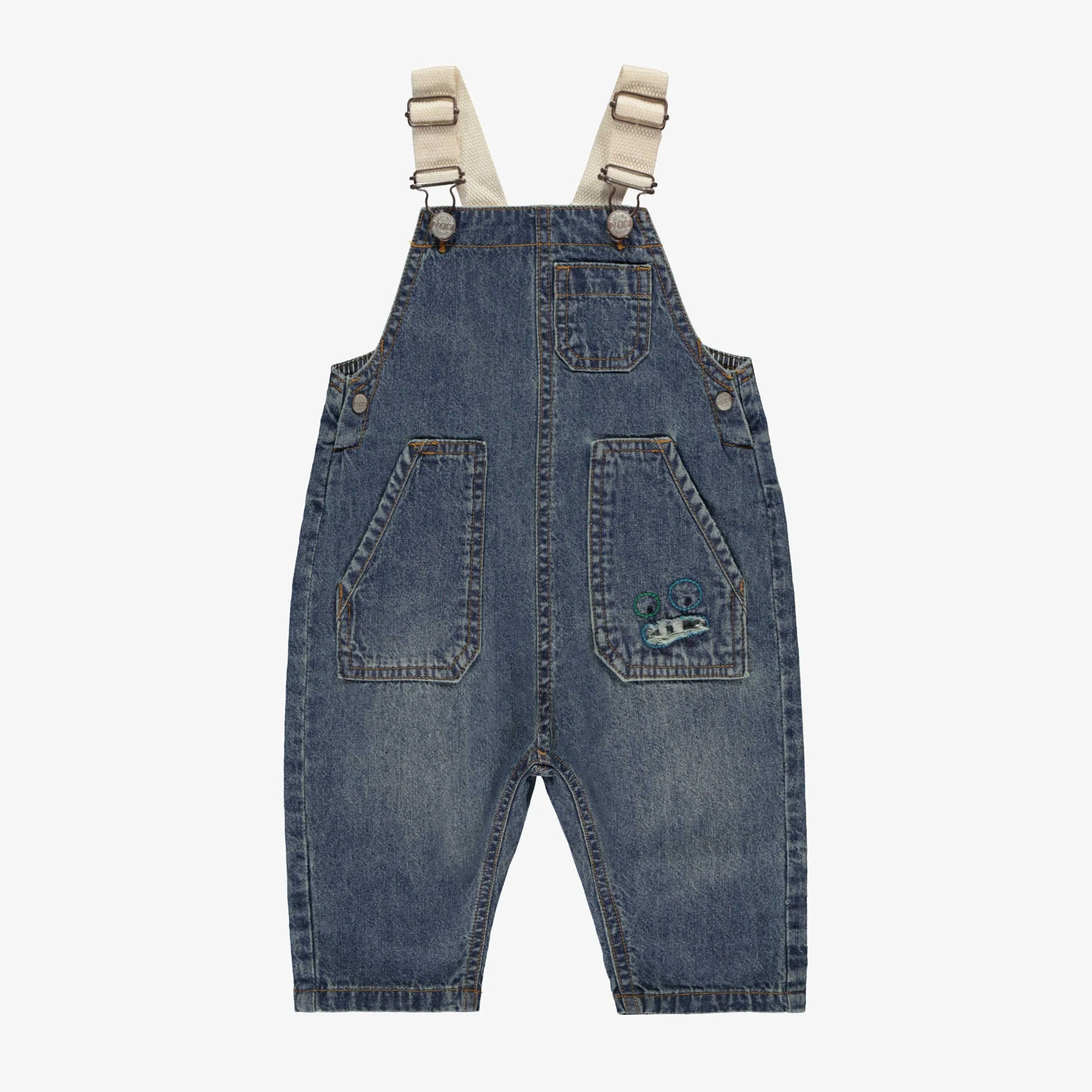 Salopette en denim bleu avec broderie, bébé || Blue denim overalls with embroidery, baby