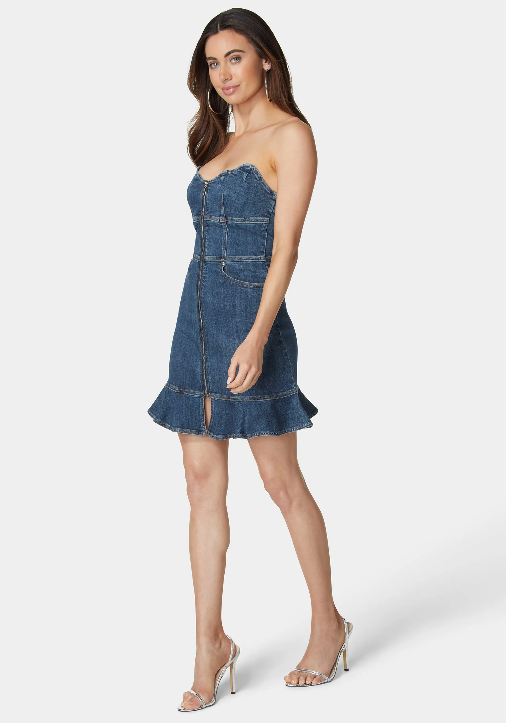 Scalloped Neckline Zip Up Denim Dress