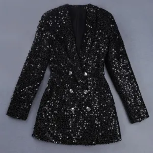 Shawl Collar Glitter Sequined Long Runway Black Blazer