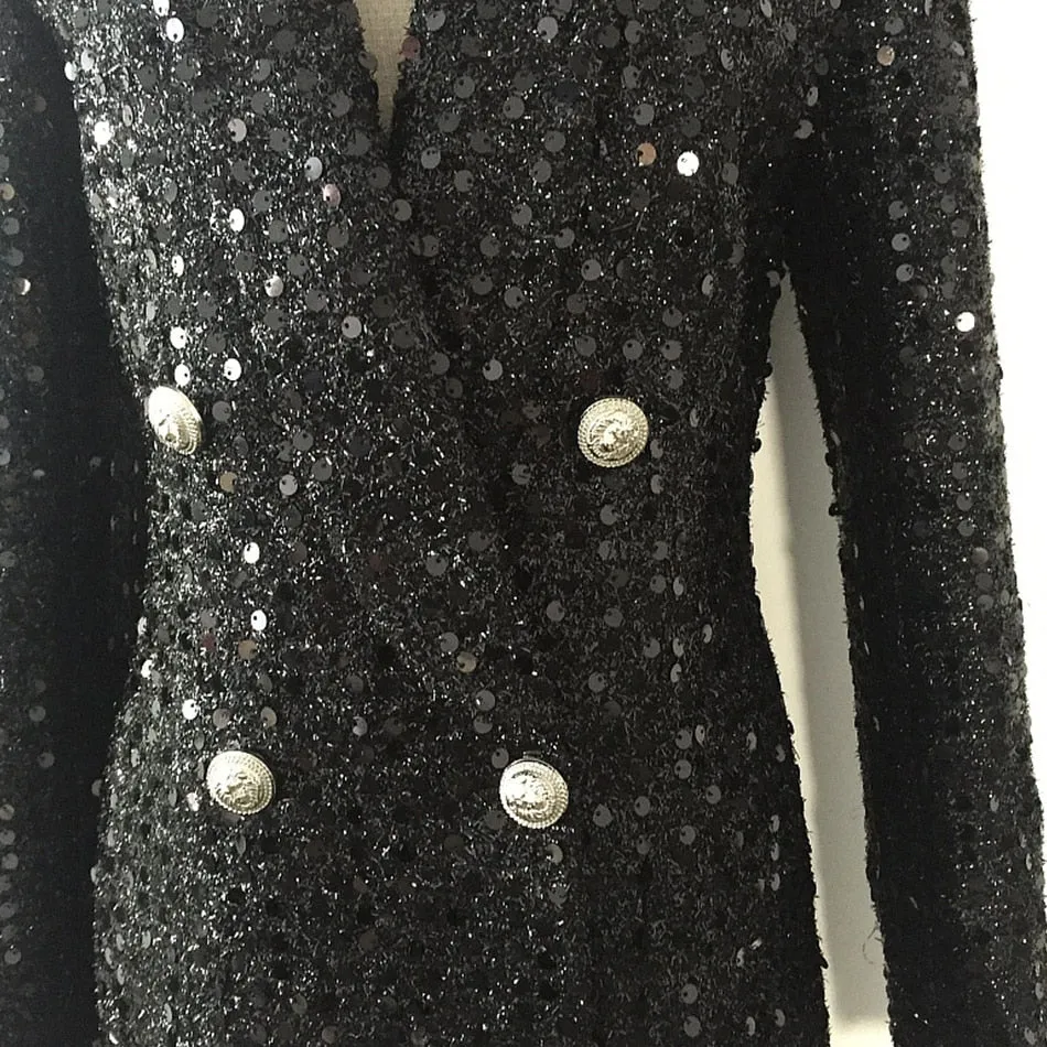 Shawl Collar Glitter Sequined Long Runway Black Blazer