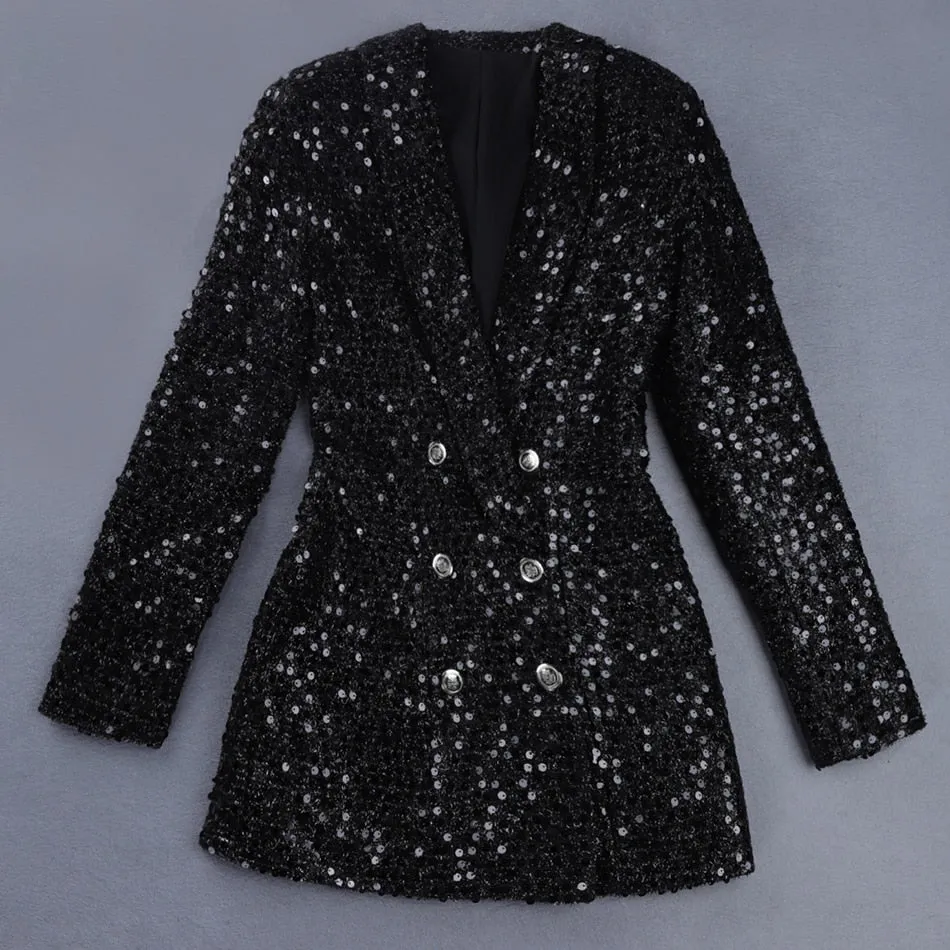 Shawl Collar Glitter Sequined Long Runway Black Blazer