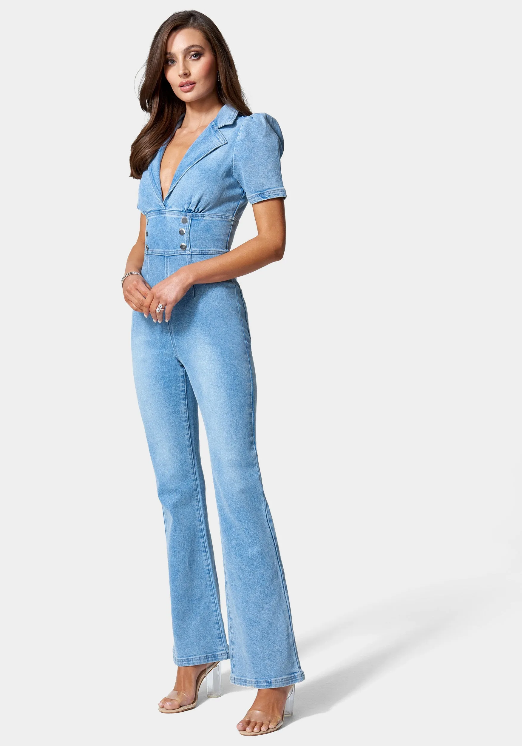 Short Sleeve Notch Collar Wide Leg Denim Jumpsuit