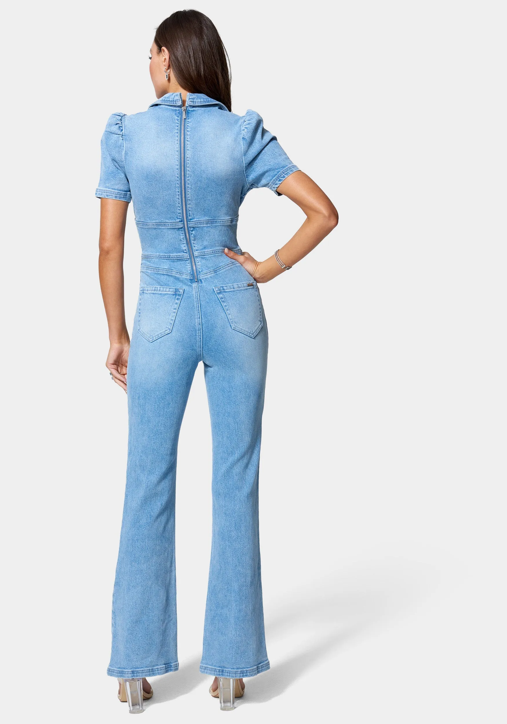 Short Sleeve Notch Collar Wide Leg Denim Jumpsuit