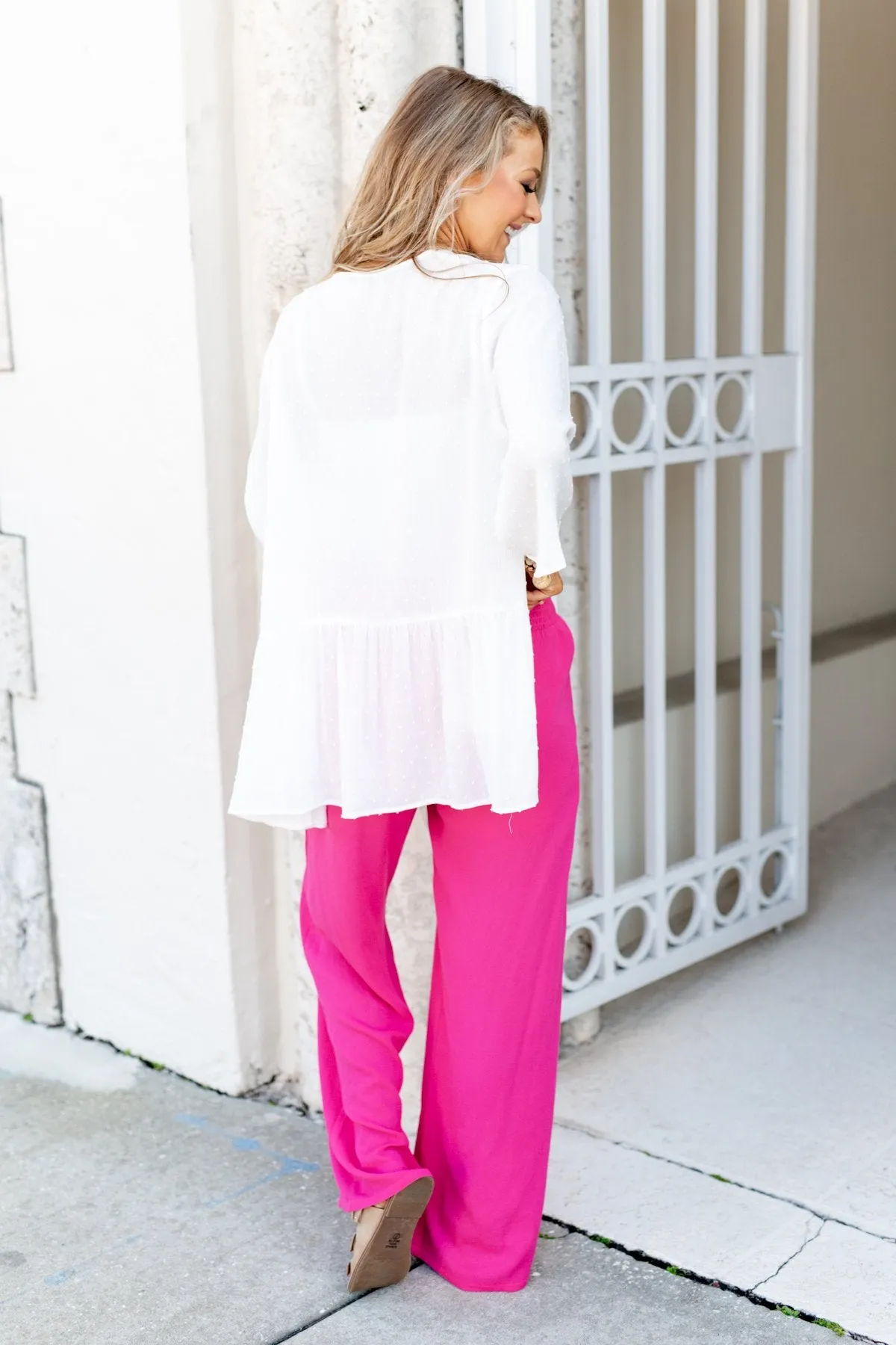 Smocked Waistband Wide Leg Pants- Fuchsia
