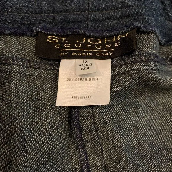 St. John Couture Jeans Sz 12 Wide Leg Raw Hem Embroidered Preppy Cropped Casual