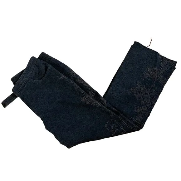 St. John Couture Jeans Sz 12 Wide Leg Raw Hem Embroidered Preppy Cropped Casual