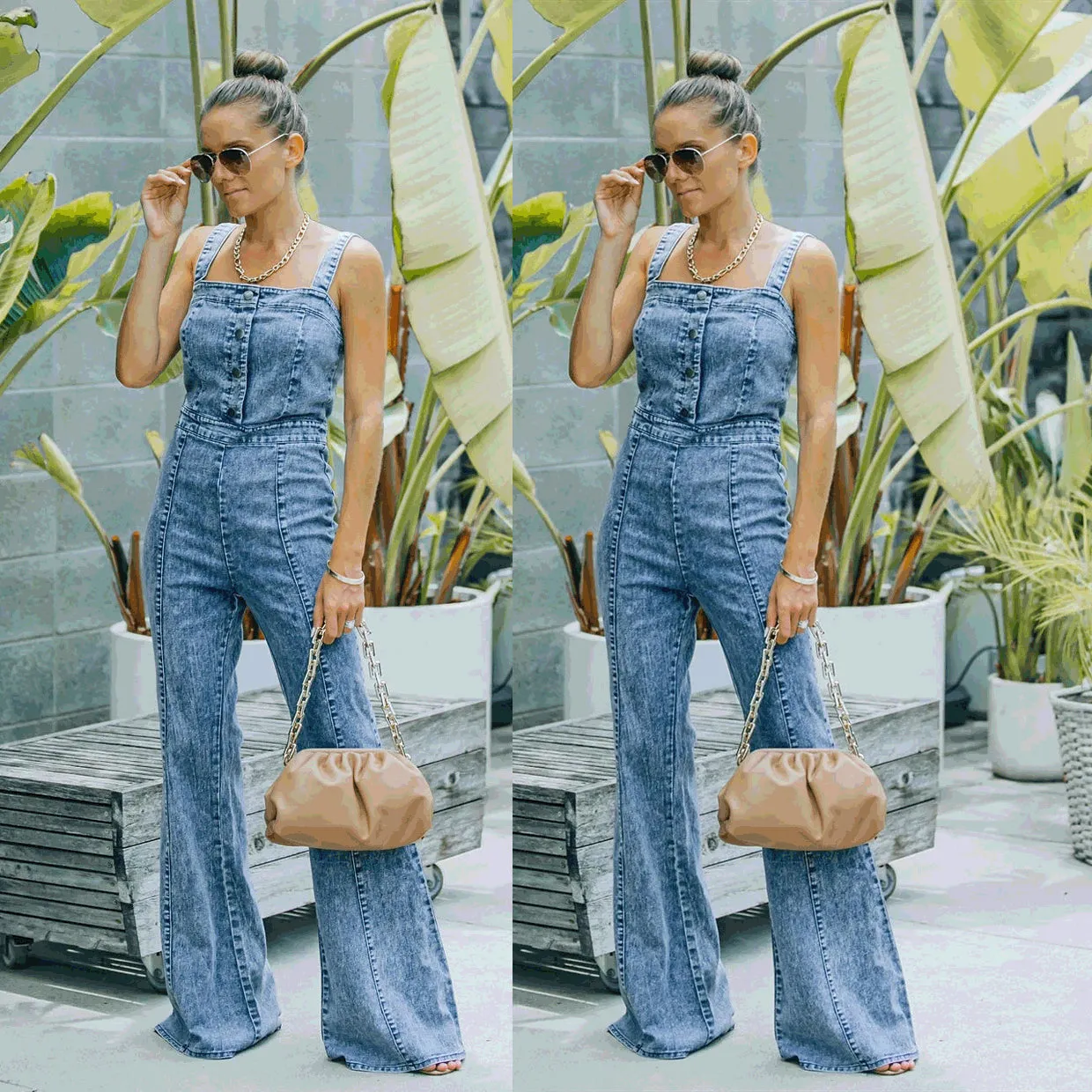 Strap Tube Top Wide-leg Denim Jumpsuit Bell-bottomed Pants