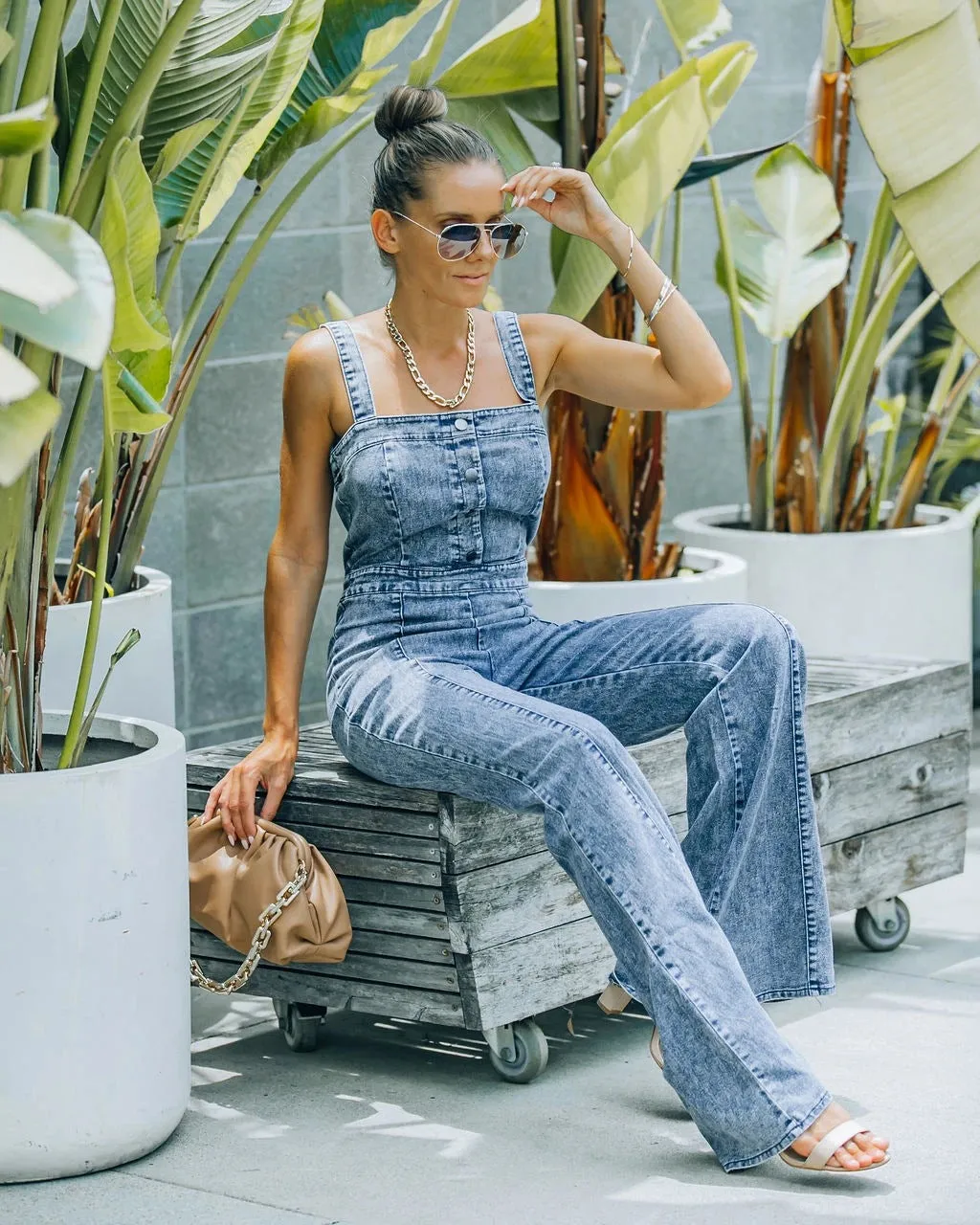 Strap Tube Top Wide-leg Denim Jumpsuit Bell-bottomed Pants