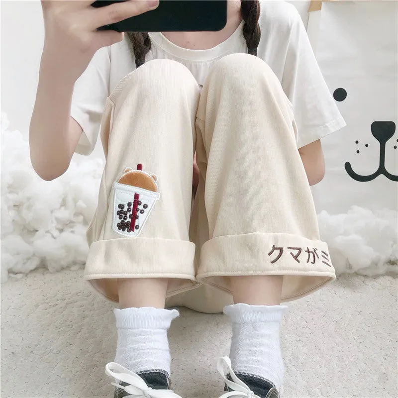 SWEET CUTE BEAR EMBROIDERY WIDE LEG PANTS UB3401