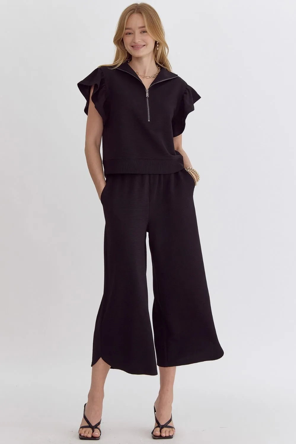 Textured Solid High Waisted Wide Leg Pants