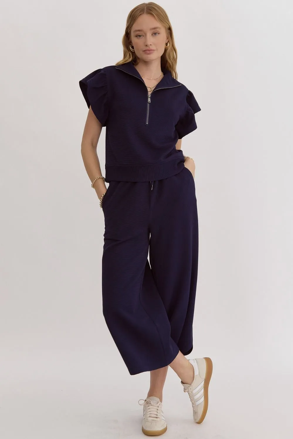 Textured Solid High Waisted Wide Leg Pants