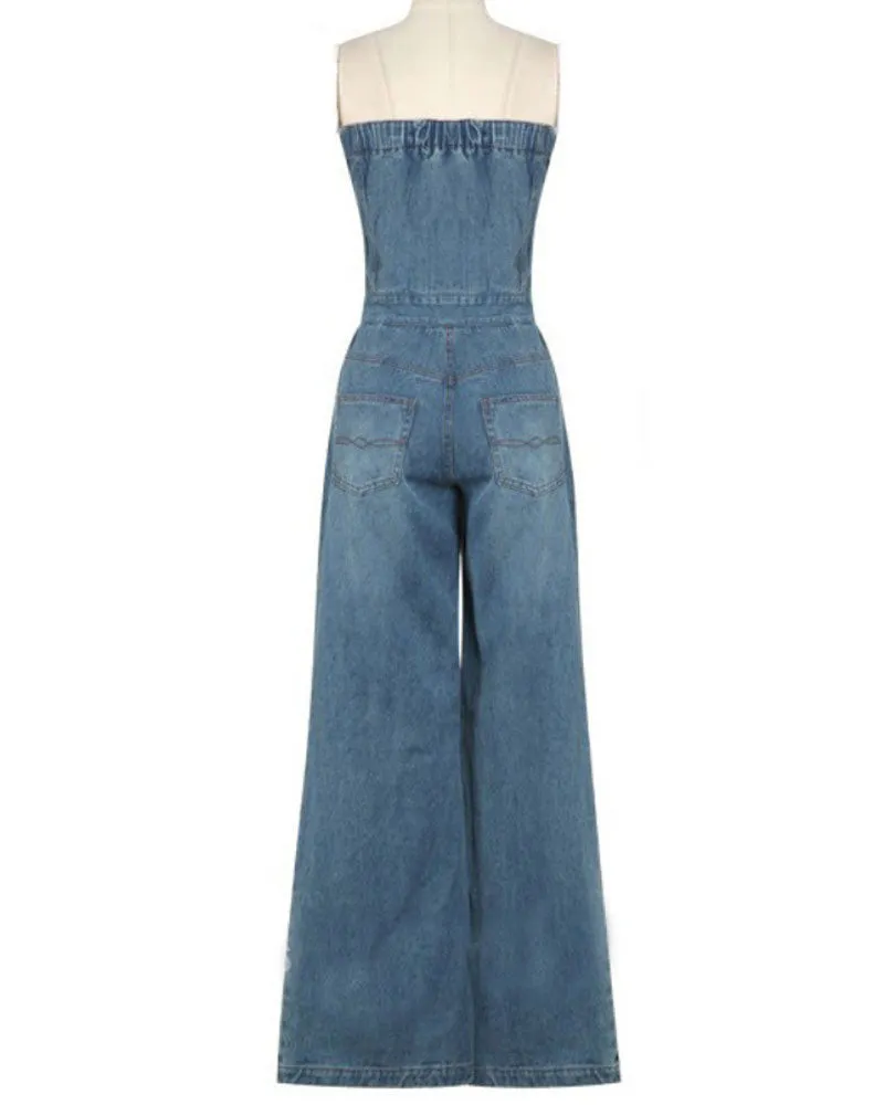 Tube Top Wide-leg Denim Jumpsuit Bell-bottomed Pants