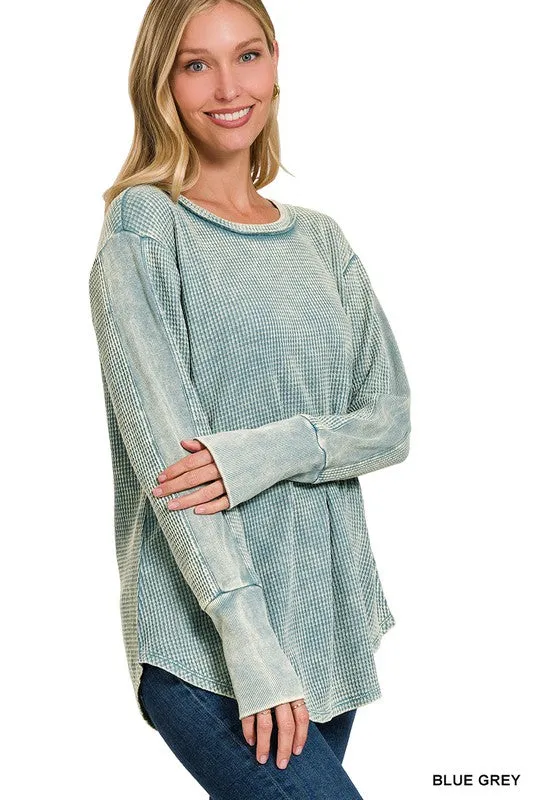 WASHED BABY WAFFLE LONG SLEEVE TOP