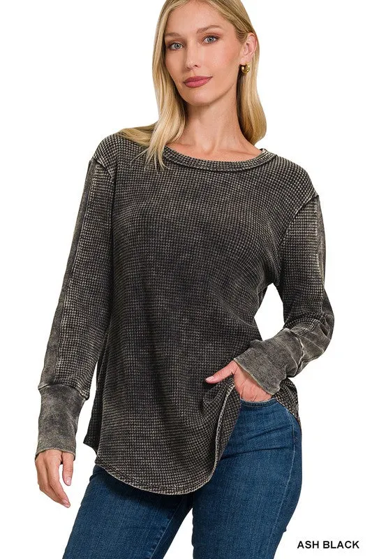 WASHED BABY WAFFLE LONG SLEEVE TOP